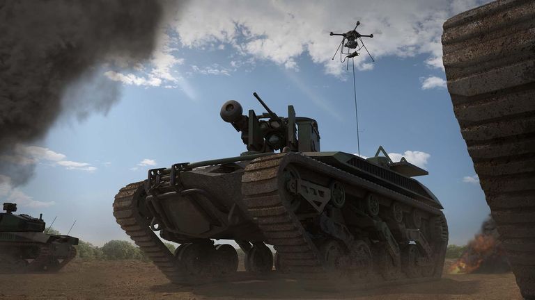 Ripsaw M5 ve verzi s protitankovým systémem CROWS-J a s dronem R80 Skyraider na kabelu. Kredit: Textron Systems.