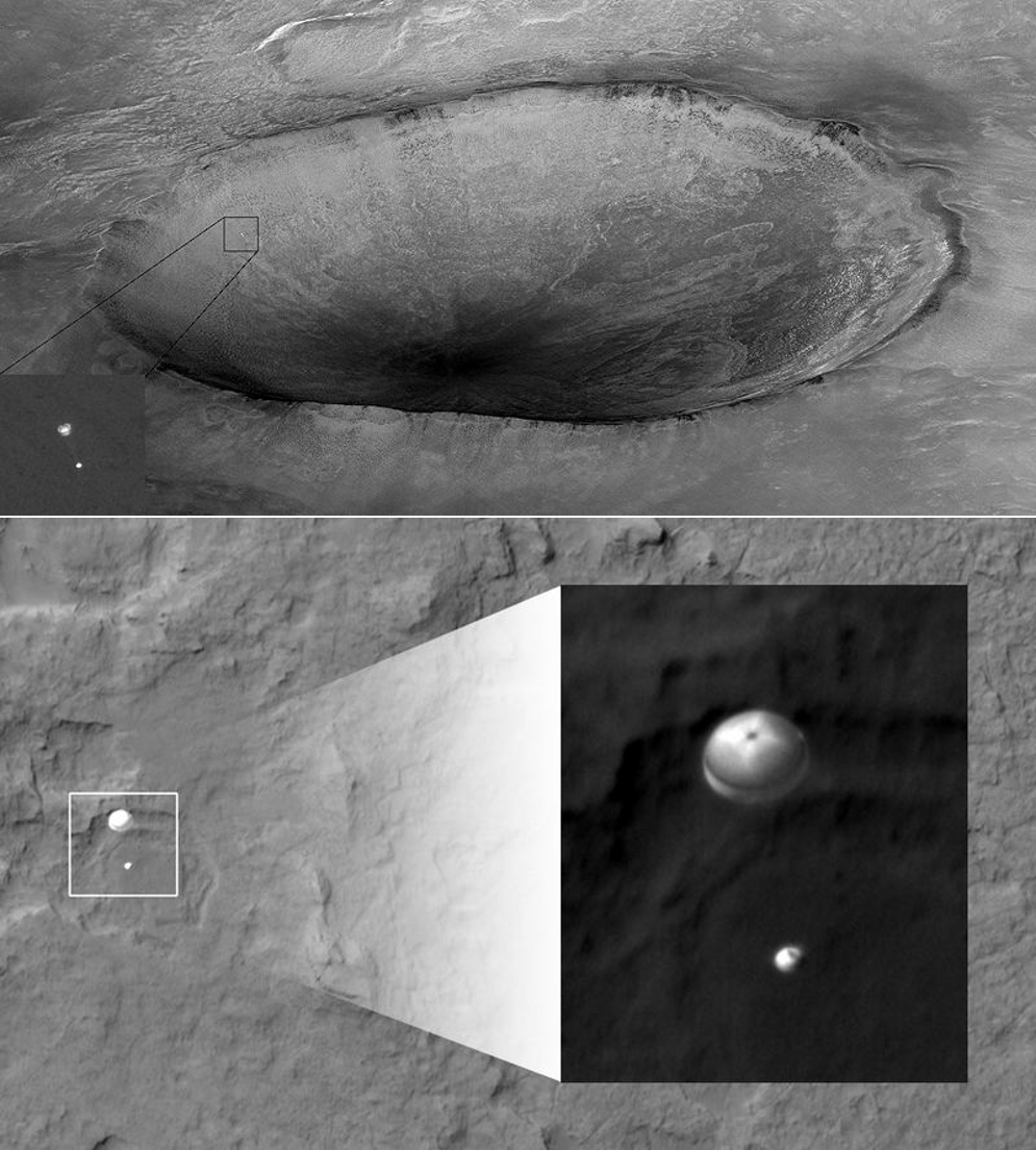 NahoĹ™e â€“ lander phoenix na padĂˇku. Dole â€“ pĹ™istĂˇvajĂ­cĂ­ Curiosity. Zdroj: http://www.americaspace.com/
