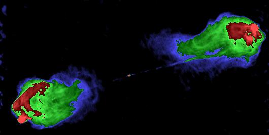 Rádiový snímek galaxie Cygnus A na frekvenci 5Ghz. Kredit: Mhardcastle / Wikimedia Commons.