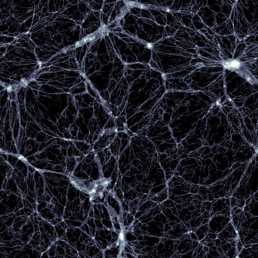 Simulace Illustris, zobrazenĂ­ temnĂ© hmoty. Kredit: Markus Haider / Illustris collaboration.