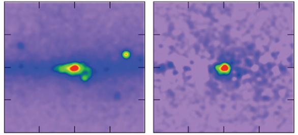 ZĂˇĹ™enĂ­ gama pozorovanĂ© sondou FERMI. Nalevo jsou experimentĂˇlnĂ­ data a napravo situace po odeÄŤtenĂ­ znĂˇmĂ˝ch zdrojĹŻ zĂˇĹ™enĂ­ gama (zdroj T. Daylan et al., FERMI, NASA)