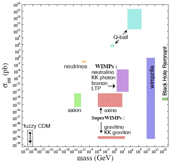 Kandidáti na temnou hmotu (verze z roku 2007). Axion zeleně, zhruba uprostřed. Na horizontální ose je hmotnost, vertikálně účinný průřez. Kredit: DMSAG report (2007).