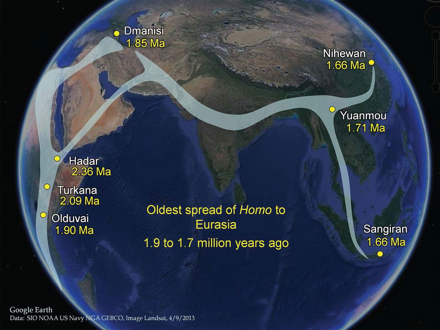 Putování nejstarších lidí rodu Homo po Zemi. Kredit: Antón, Potts & Aiello (2014), Science.