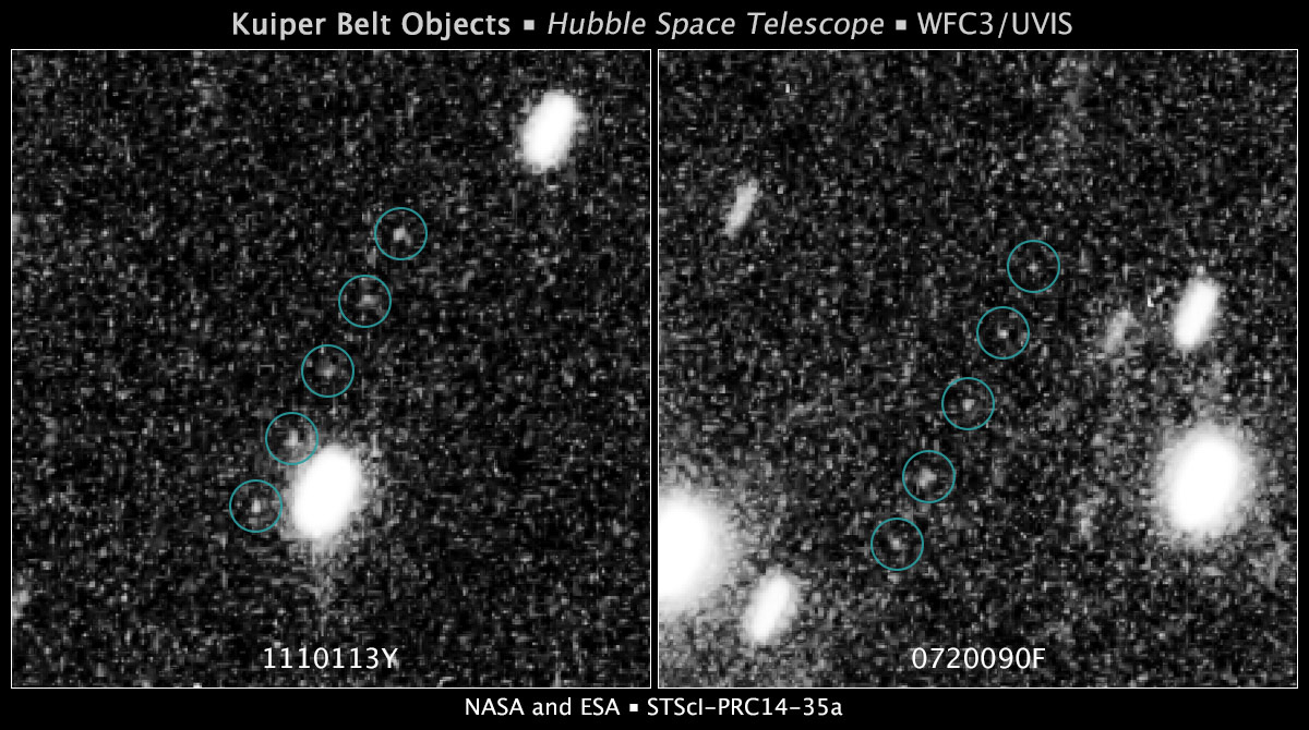 Dva objekty, kterĂ© by se mohly stĂˇt druhĂ˝m cĂ­lem sondy New Horizons pohledem Hubbleova teleskopu.  Zdroj: http://spaceflightnow.com/
