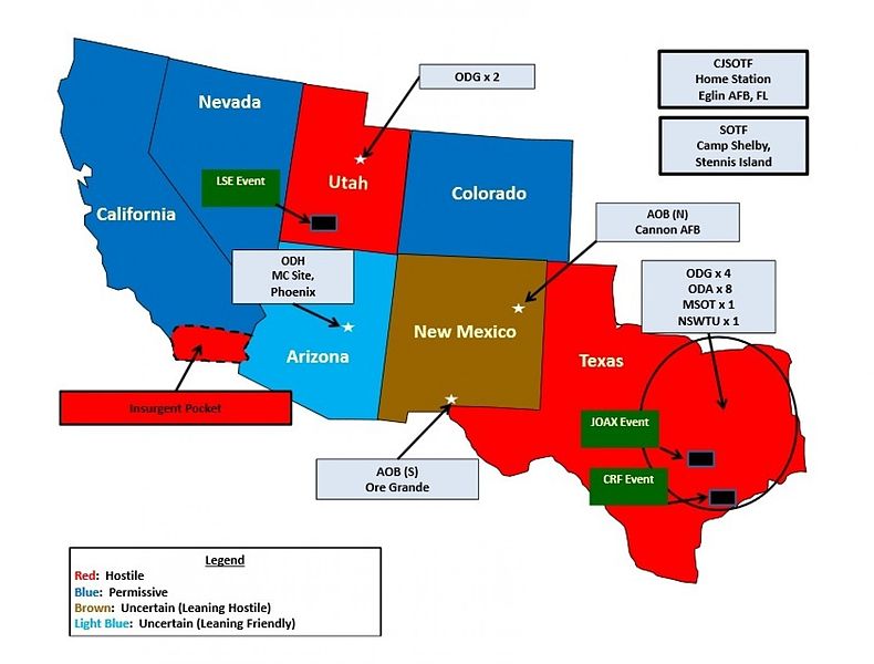 Mapa vojenskĂ©ho cviÄŤenĂ­ Jade Helm 2015, kvĹŻli kterĂ© omdlĂ©vali konspirĂˇtoĹ™i. Kredit: U.S. Army Special Operations Command.