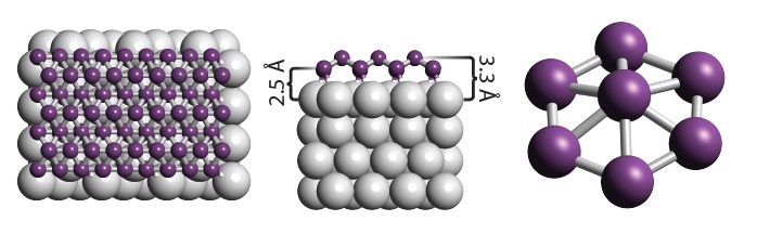 SyntetizovanĂ˝ borofen na stĹ™Ă­brnĂ©m substrĂˇtu. Atomy bĂłru fialovÄ›, stĹ™Ă­bra stĹ™Ă­brnÄ›. Kredit: Mannix et al. (2014), Science.