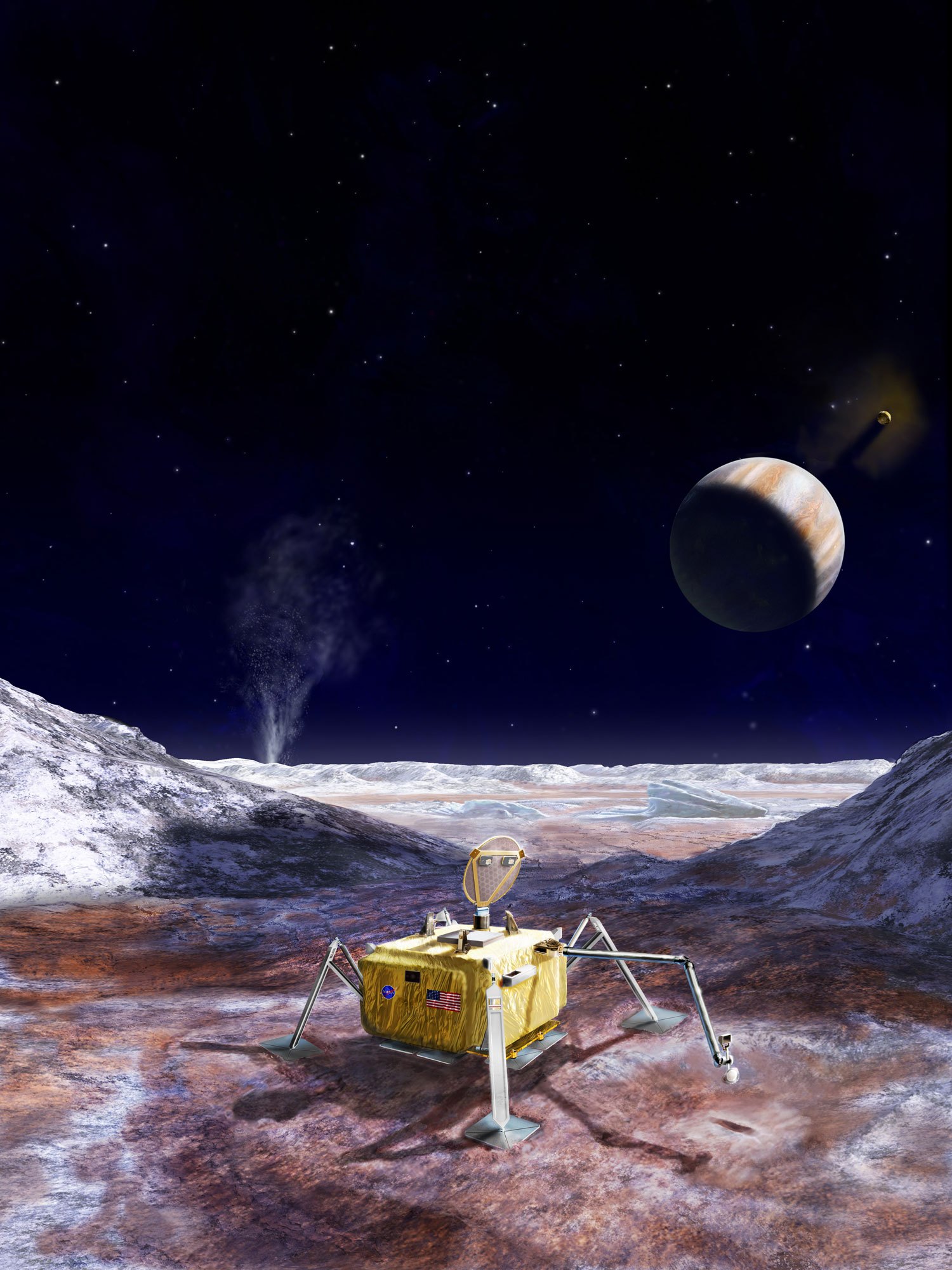 Umělecká představa landeru na Europě. Zdroj: https://www.nasa.gov