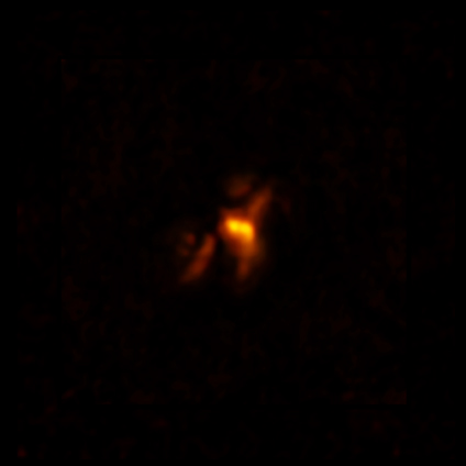Chladný molekulární plyn kolem supermasivní černé díry kupy Fénix na rádiovém snímku soustavy ALMA. Kredit: ALMA (ESO/NAOJ/NRAO), H. Russell et al.; B. Saxton (NRAO/AUI/NSF).