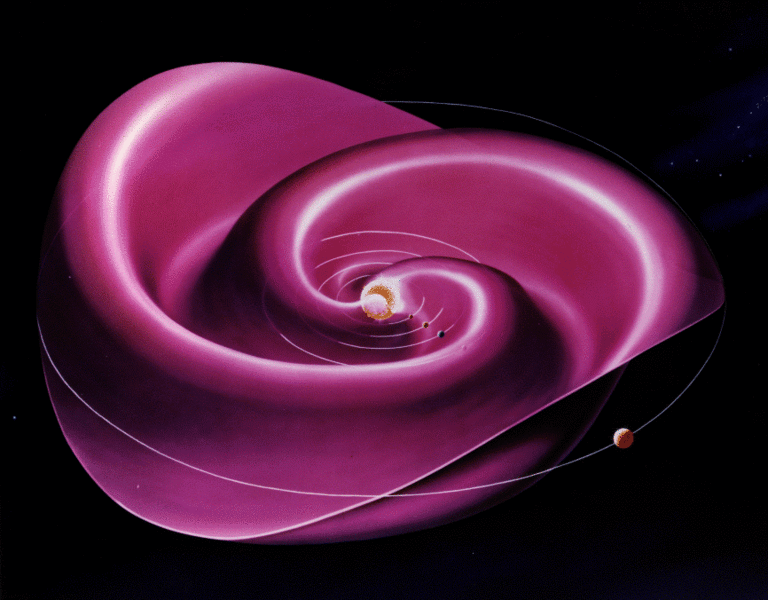 Heliosférická proudová plocha představuje 3D podobu Parkerovy spirály kolem Slunce. Kredit: Werner Heil / Wikimedia Commons.