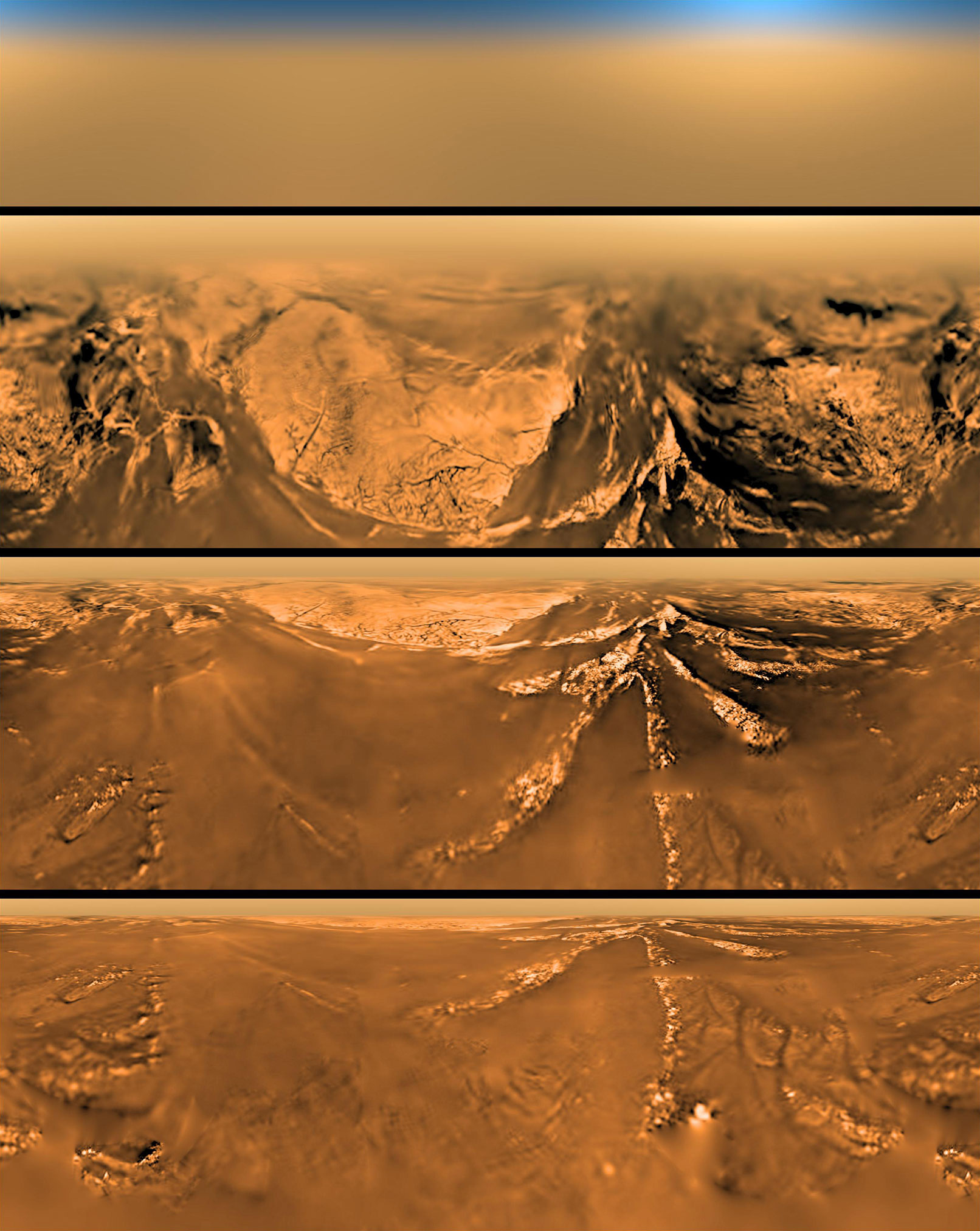 Série snímků pořízených při přistávání modulu Huygens (zdroj NASA/ESA).