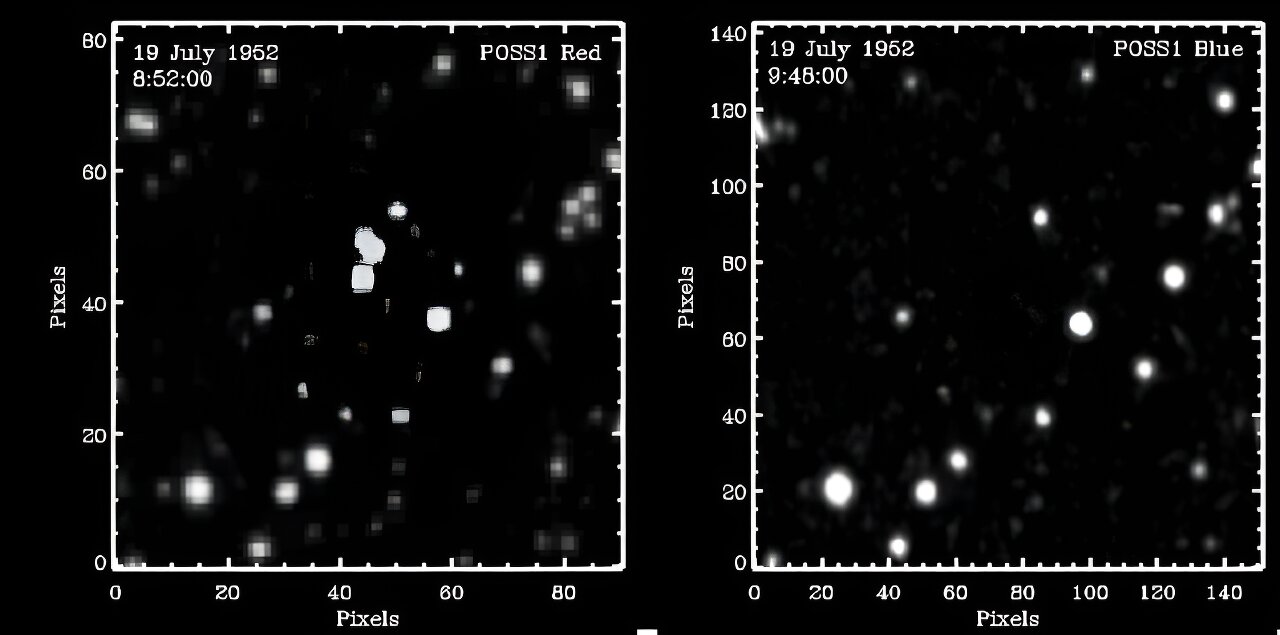 Záhadné zmizení po necelé hodině. Kredit: . Kredit: Palomar Observatory/Solano, et al. (2023).