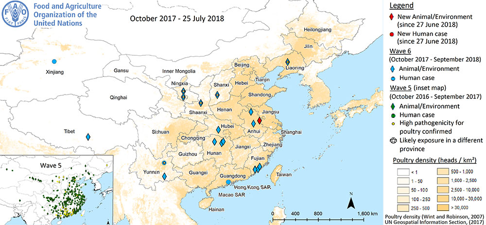 Virus H7N9, situace mezi říjnem 2017 a červencem 2018. Kredit: FAO.