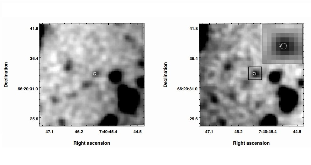 Snímek dvojhvězdy bílého trpaslíka a pulsaru PSR J0740+6620 pořízená pomocí zařízení OSIRIS teleskopu Gran Telescopio Canarias Rozměr obrázku je 16 úhlových vteřin. (Zdroj Beronya et al, 2019).