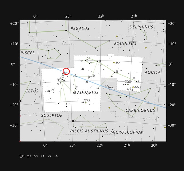TRAPPIST-1 v souhvězdí Vodnáře. Kredit: ESO/IAU and Sky & Telescope.