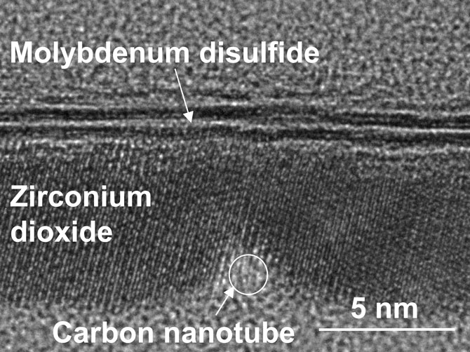 PrĹŻĹ™ez rekordnÄ› malĂ˝m tranzistorem vÂ elektronovĂ©m mikroskopu. Kredit: Qingxiao Wang / UT Dallas.