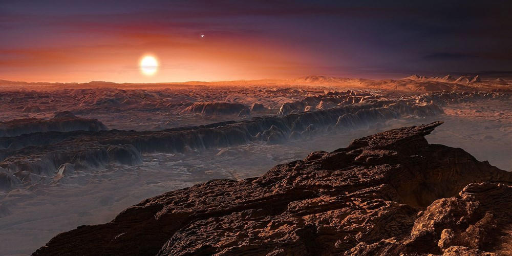 Umělecká představa pohledu s povrchu exoplanety Proxima Centauri b v blízkosti červeného trpaslíka (zdroj ESO, M. Kornmesser).