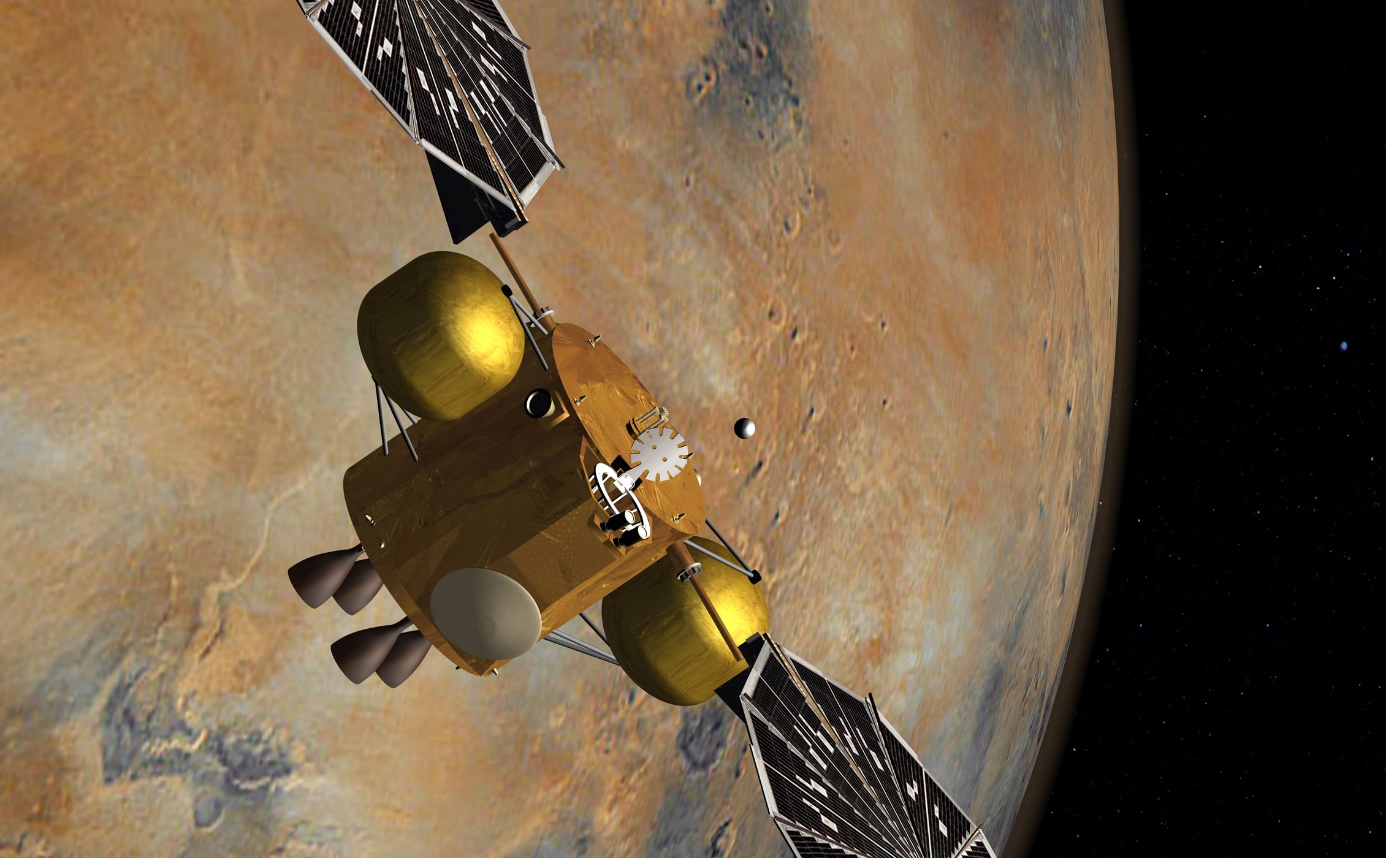 Umělecké zobrazení setkání pouzdra se vzorky a návratového modulu na dráze okolo Marsu (zdroj NASA/JPL-Caltech).