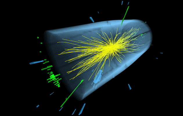 PodezĹ™elĂ˝ rozpad sÂ fotony o energii 750 GeV (zelenĂ© ÄŤĂˇry). Kredit: CERN.