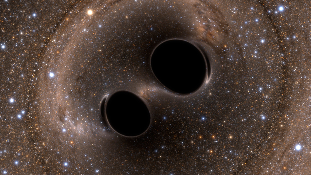 Byly to ÄŤernĂ© dĂ­ry nebo ne? Kredit: LIGO/Simulating eXtreme Spacetimes.