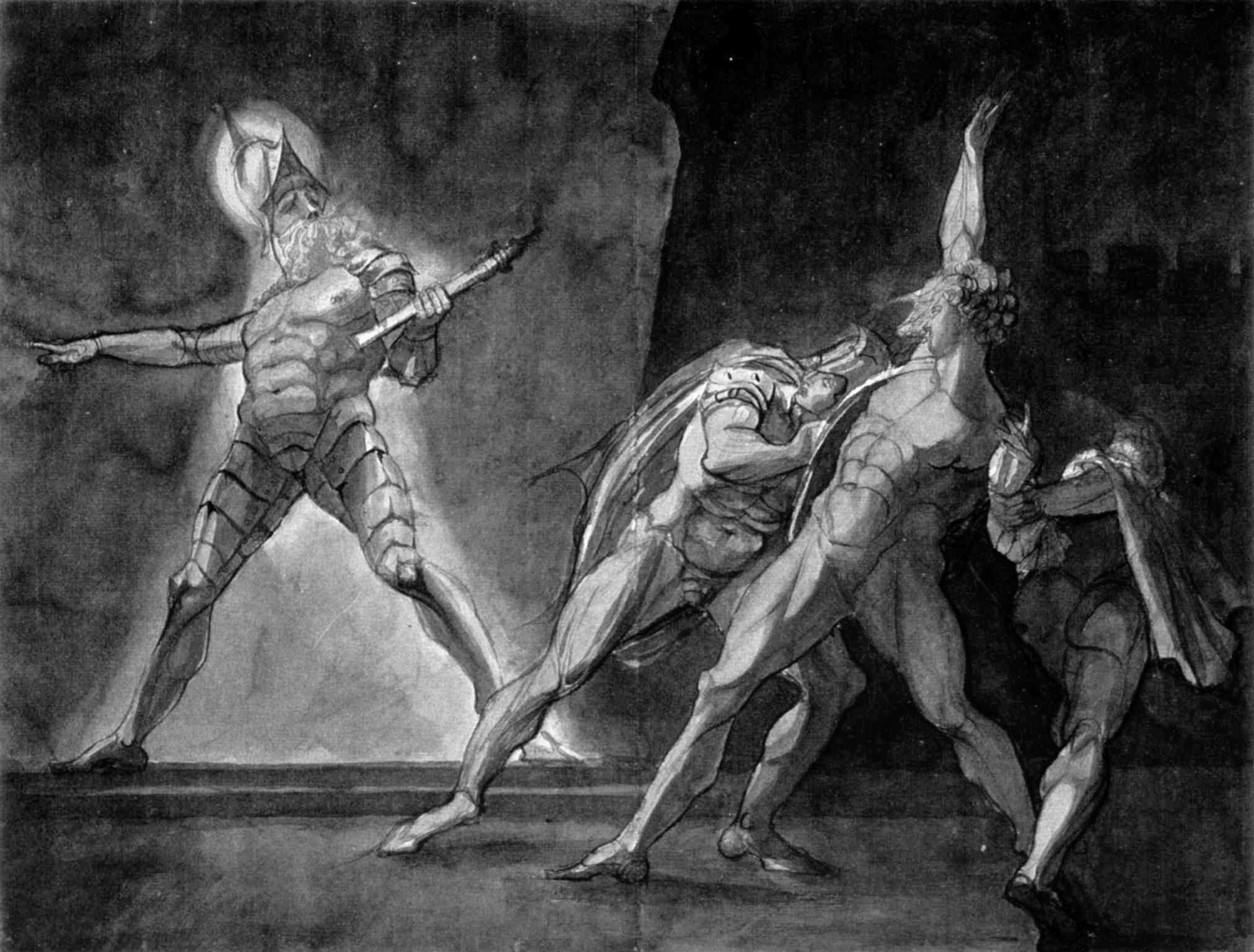 Hamlet, Horatio, Marcellus a duch Hamletova otce. Kredit: Henry Fuseli, 1780–5, Kunsthaus Zürich, volné dílo.