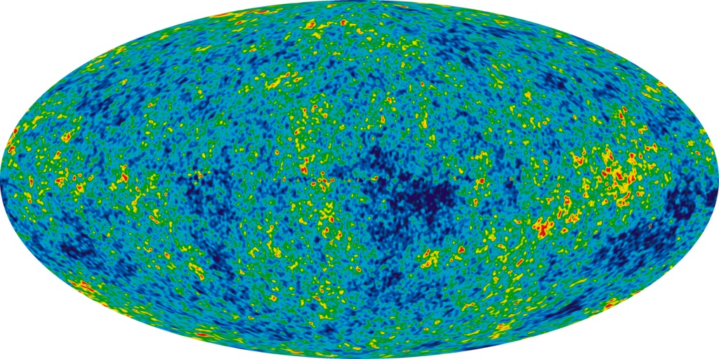 Současná mapa reliktního záření, jež prozářilo vesmír asi 380 000 let po Big Bangu. Dnes je průměrná teplota záření kosmického pozadí ca 2,73 K. Barvami zvýrazněné teplotní fluktuace představují rozdíly ± 200 mikroKelvinů. Kredit: NASA / WMAP Science