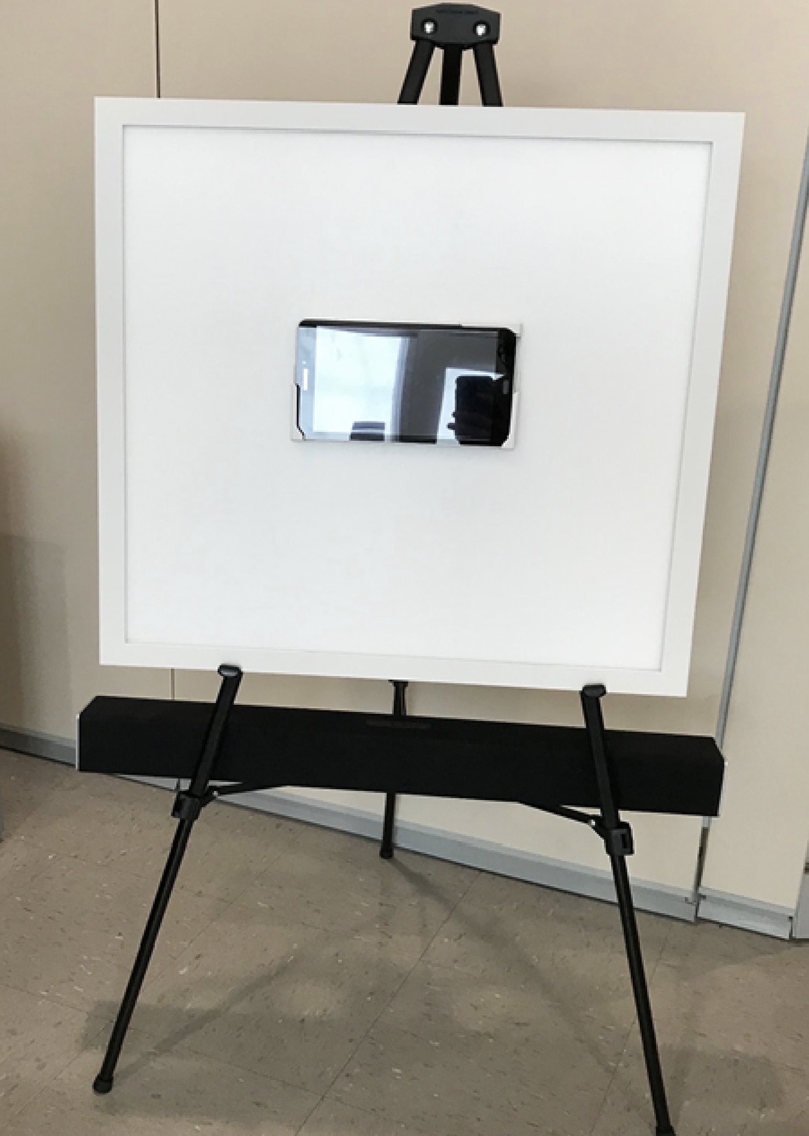 Sestava pro světelnou a zvukovou stimulaci. Bílá tabule je programovatelný panel se světelným LED displejem. Uprostřed je umístěn tablet s videoklipy, které udržují pozornost pacienta. Černý podélný box pod panelem je programovatelný zvukový systém. 