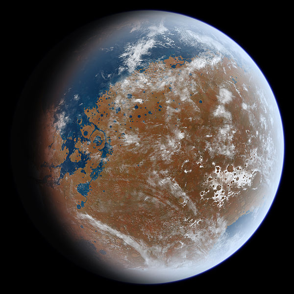 DĂˇvnĂ˝ Mars, zatopenĂ˝ oceĂˇnem. Kredit: Ittiz / Wikimedia Commons.