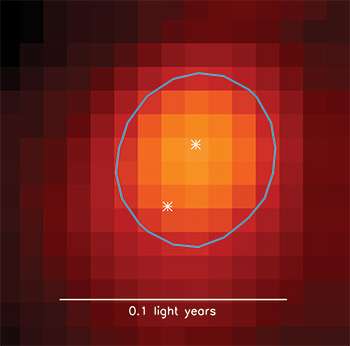 Rádiový snímek dvojice velice mladých hvězd v molekulárním mračnu. Kredit: SCUBA-2 survey image by Sarah Sadavoy, CfA.