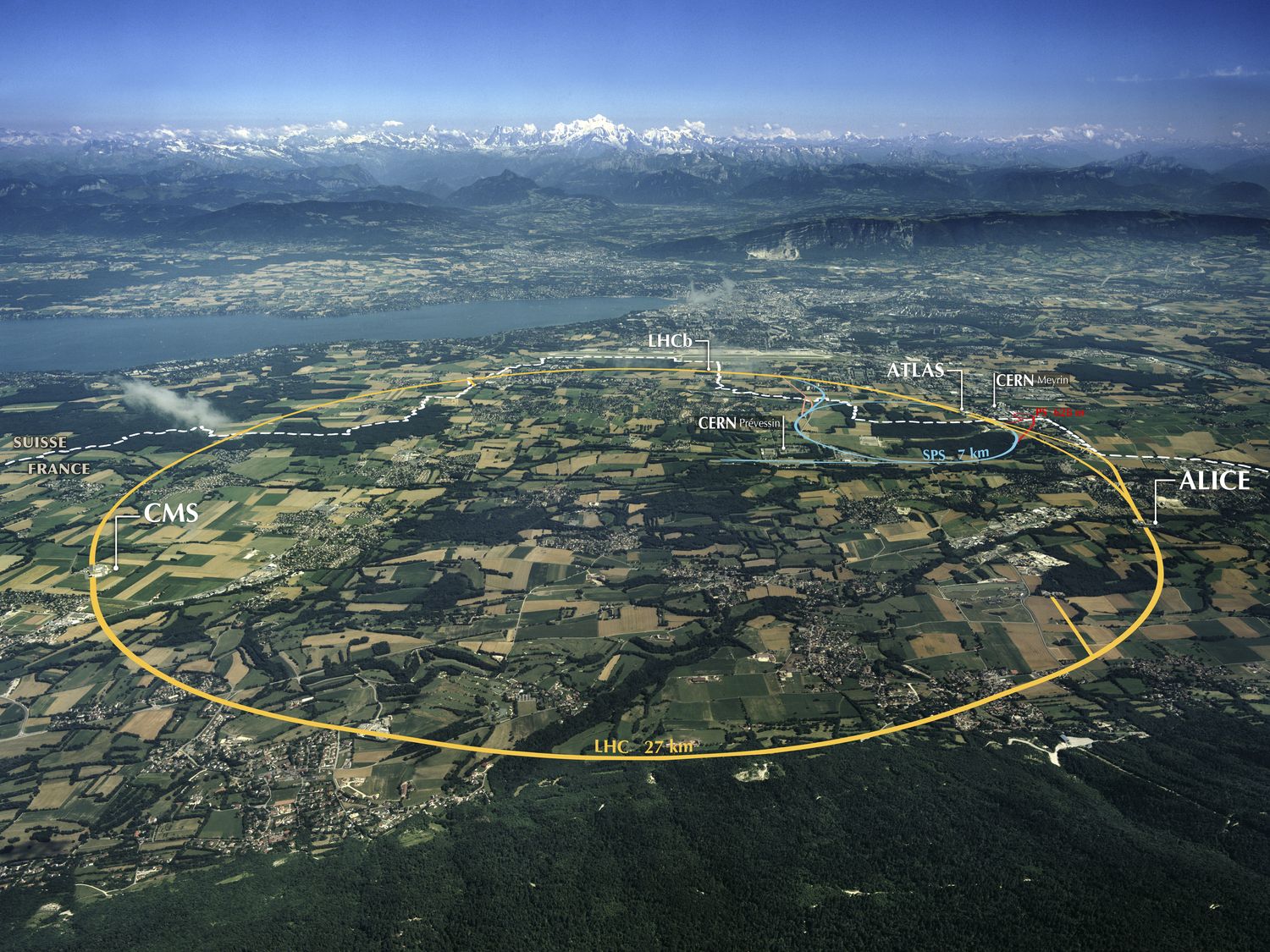 Velký srážeč LHC, pod Švýcarskem a Francií. Kredit: CERN.