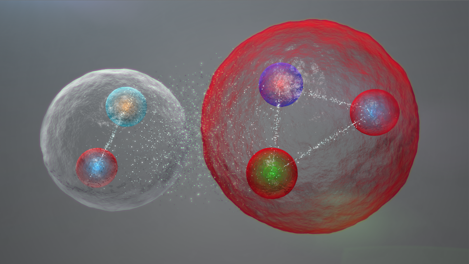 Pentakvark vÂ podobÄ› volnÄ› spojenĂ©ho mezonu a baryonu. Kredit: CERN / LHCb Collaboration.