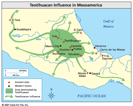 ĂšzemĂ­ ovlĂˇdanĂ© TeotihuacĂˇnem a dosah jeho vlivu. Kredit: Facts On File.
