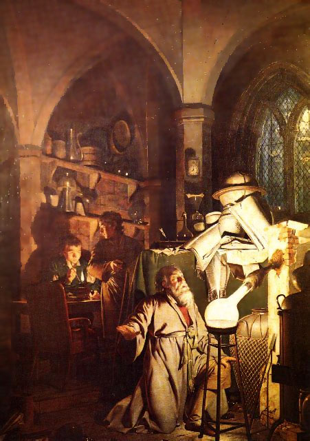 AlchymistĂ© se snaĹľili dosĂˇhnout nesmrtelnosti vytvoĹ™enĂ­m kamene mudrcĹŻ, nebo elixĂ­ru Ĺľivota. (Kredit: Joseph Wright of Derby, 1771)