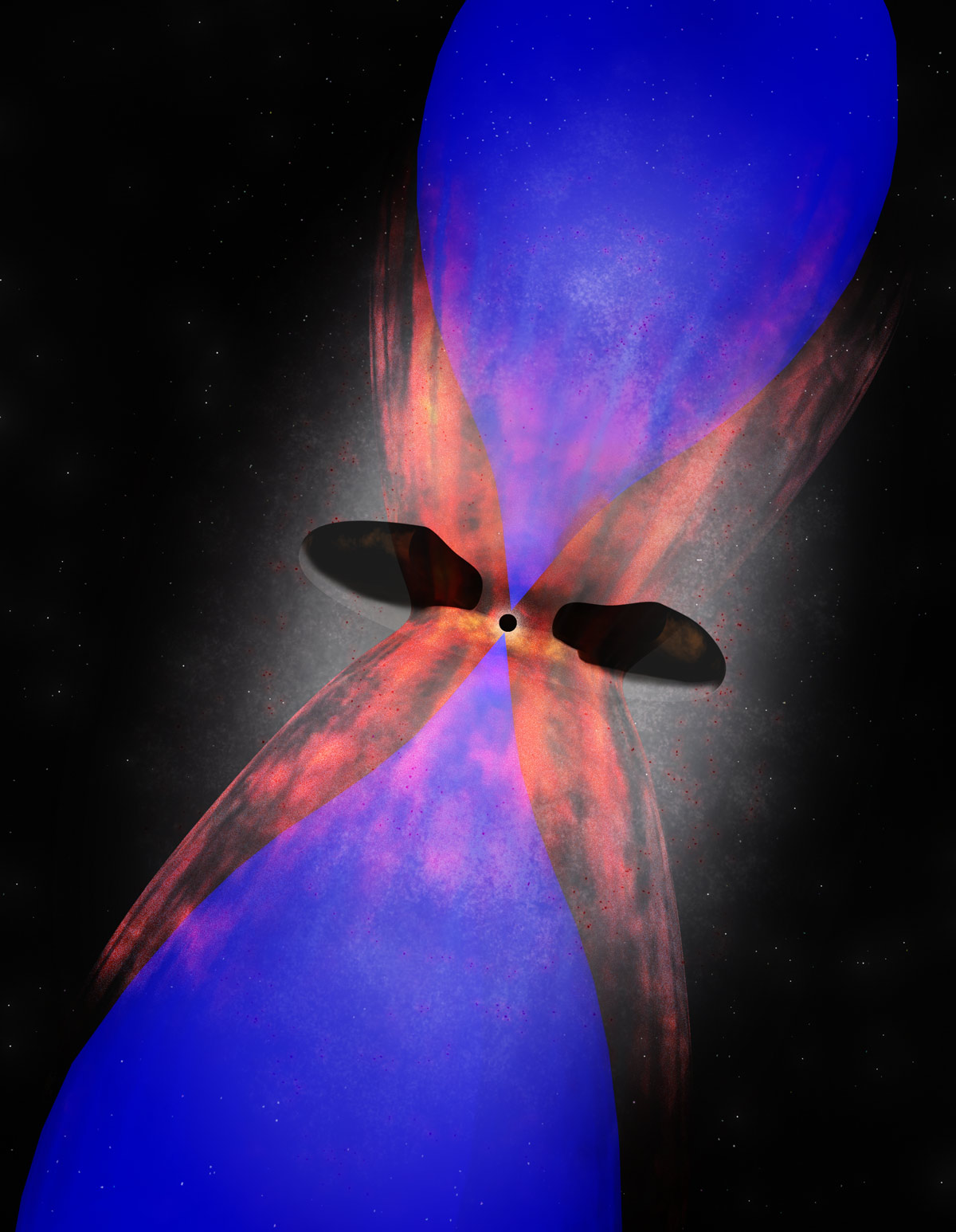 Supermasivní černá díra v srdci kupy Fénix. Modře bubliny horkého plynu, červeně chladný plyn. Kredit: B. Saxton (NRAO/AUI/NSF).