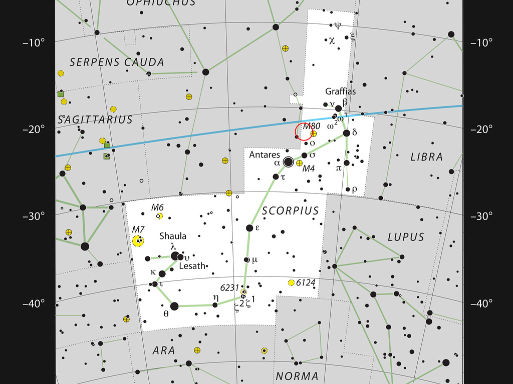 Poloha systĂ©mu AR Scorpii vÂ souhvÄ›zdĂ­ Ĺ tĂ­ra. Kredit: ESO/IAU, Sky & Telescope.