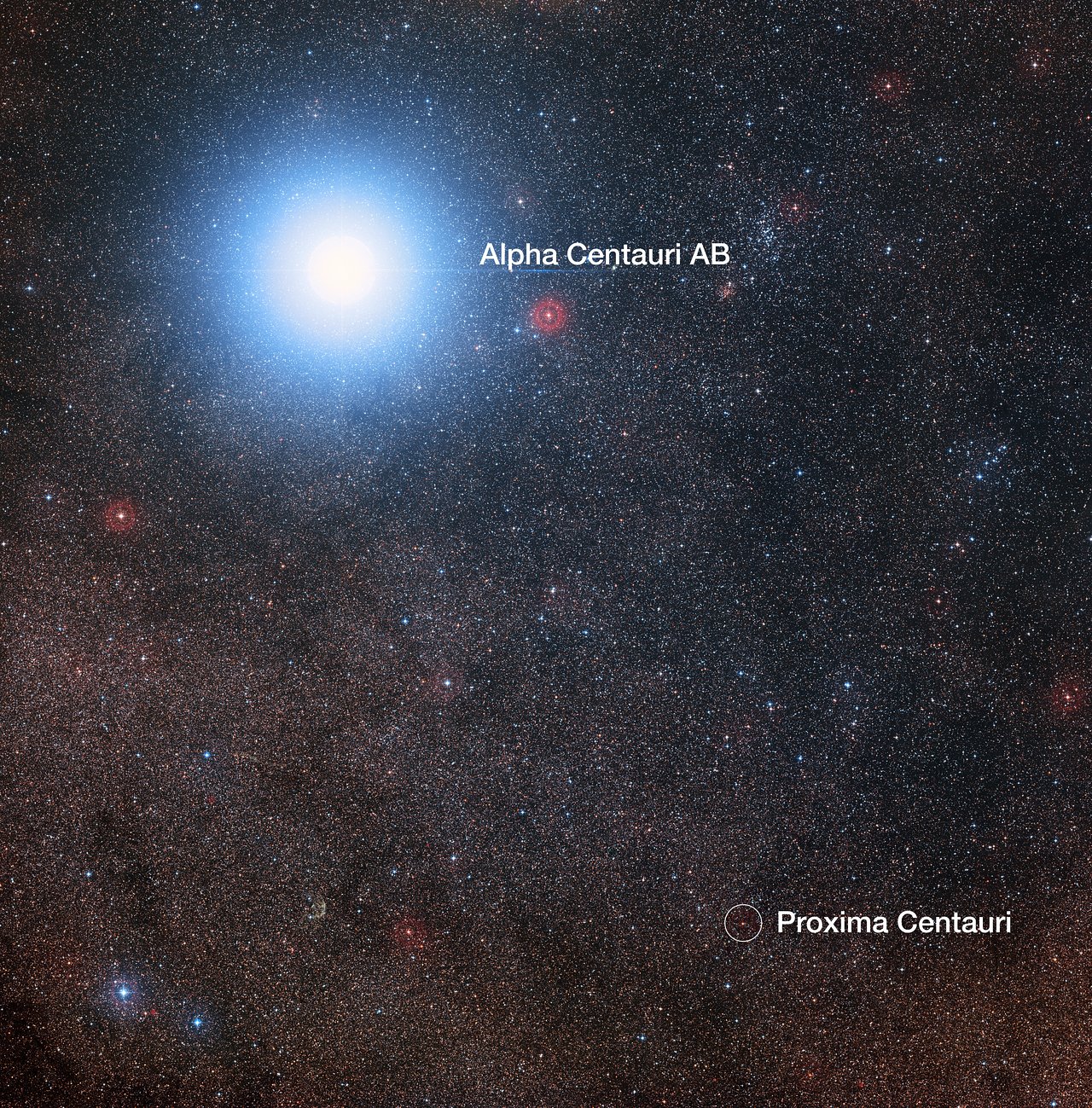 Obloha sÂ Proximou Centauri. Kredit: Digitized Sky Survey 2; Davide De Martin / Mahdi Zamani.