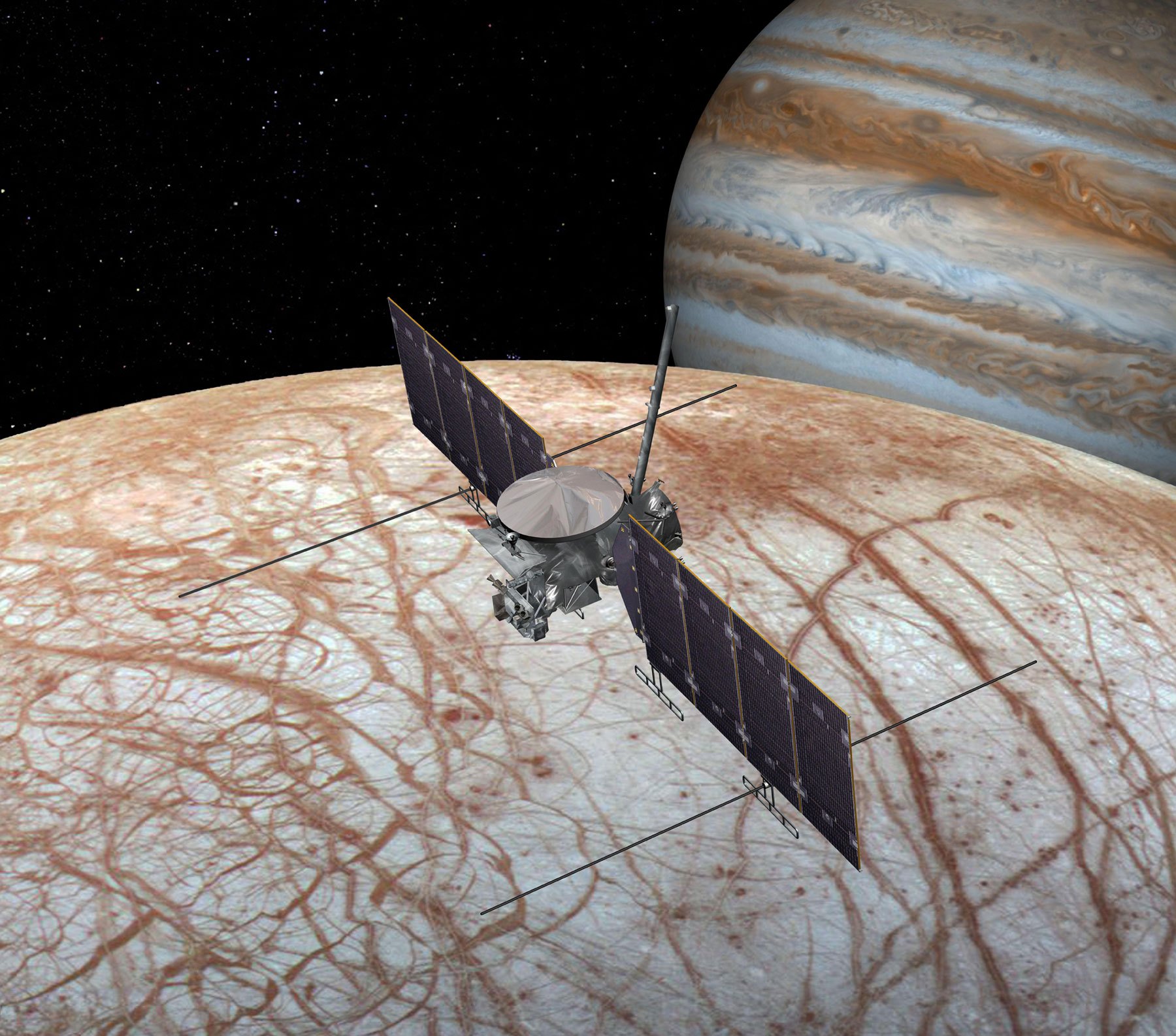 Vizualizace sondy Europa Multiple Flyby Mission. Zdroj: https://upload.wikimedia.org/