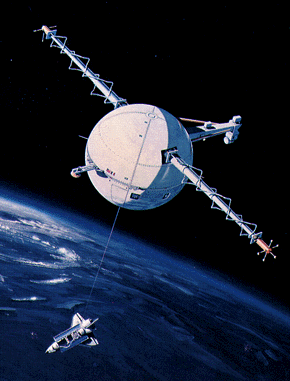 Experiment s odvíjením lana při experimentu TSS vypouštěném z raketoplánu (zdroj NASA).