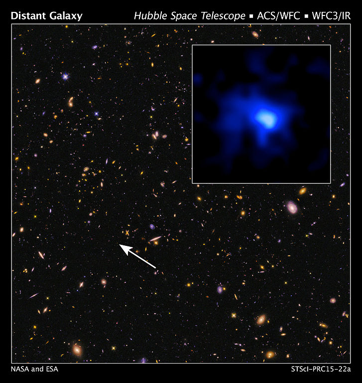 EGS-zs8-1, galaxie sÂ druhĂ˝m nejvÄ›tĹˇĂ­m rudĂ˝m posuvem. Kredit: NASA, ESA, P. Oesch & I. Momcheva (Yale University), 3D-HST & HUDF09/XDF Teams.