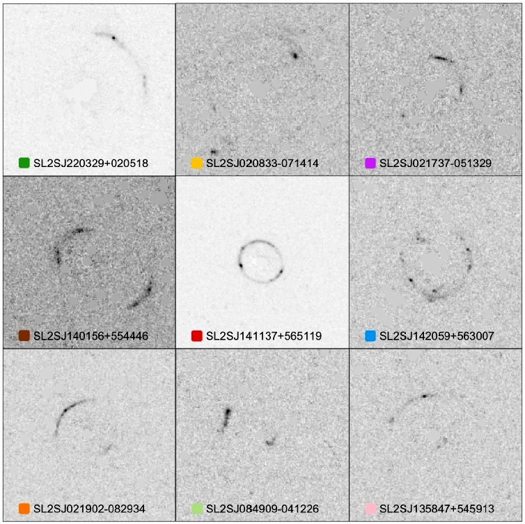 Snímky galaxií zobrazených přes silnou gravitační čočku. Kredit: Yashar Hezaveh/Laurence Perreault Levasseur/Phil Marshall/Stanford/SLAC National Accelerator Laboratory; NASA/ESA.