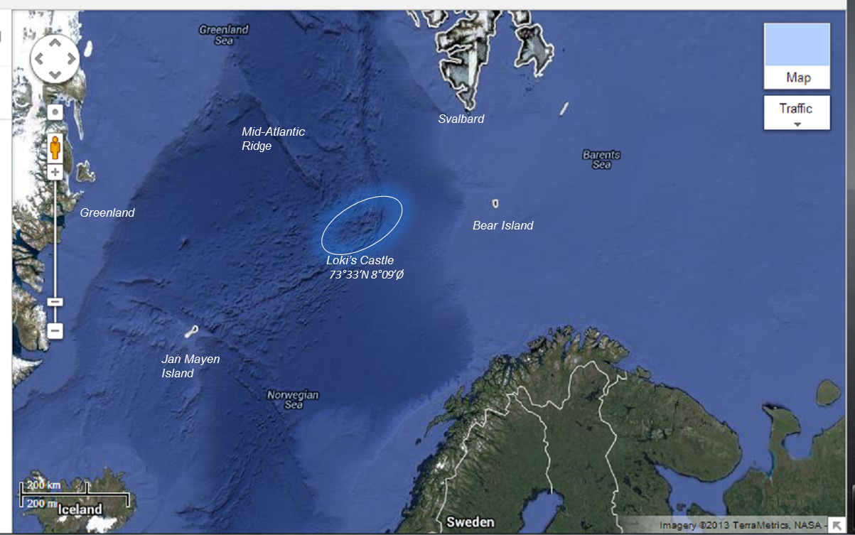 Lokiho hrad vÂ SevernĂ­m ledovĂ©m oceĂˇnu. Kredit: TerraMetrics / NASA.