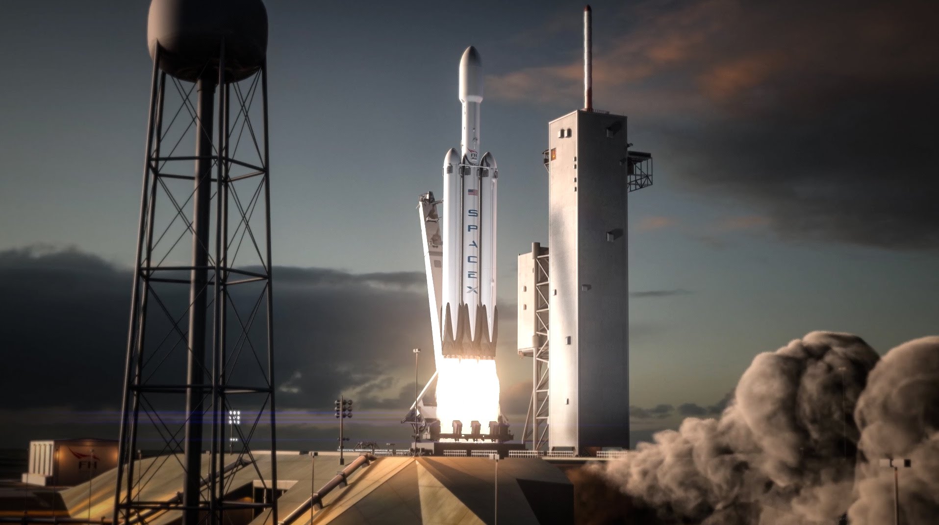Falcon Heavy pĹ™i startu.  Zdroj: http://i.ytimg.com/