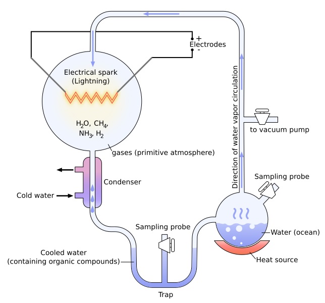 Notoricky známý Miller-Ureyův experiment z roku 1953. Kredit: YassineMrabet / Wikimedia Commons.