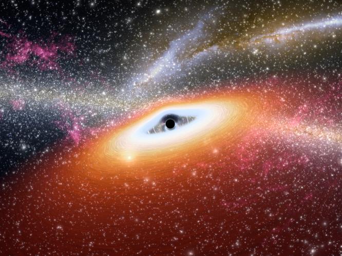 SupermasivnĂ­ ÄŤernĂˇ dĂ­ra vÂ galaxii na Ăşsvitu vesmĂ­ru. Kredit: NASA / JPL-Caltech.