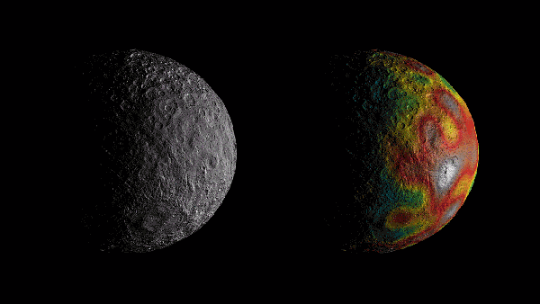 Animace zobrazující trpasličí planetu Ceres ve klasickém černobílém spektru (vlevo) a zobrazující gravitační anomálie (vpravo). Zdroj: https://www.nasa.gov