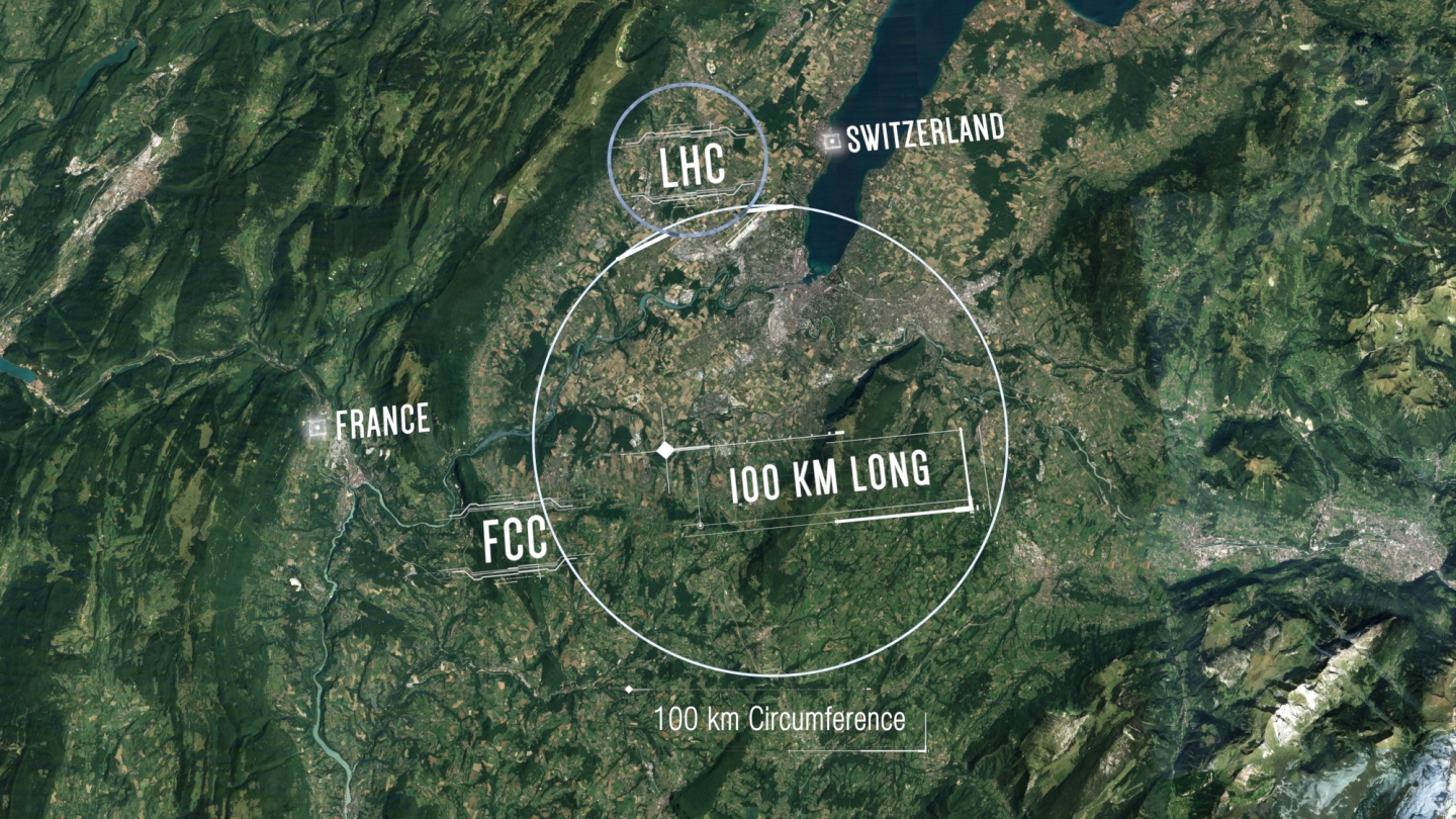 Prstenec budoucího FCC v blízkosti již existujícího LHC. Courtesy CERN.