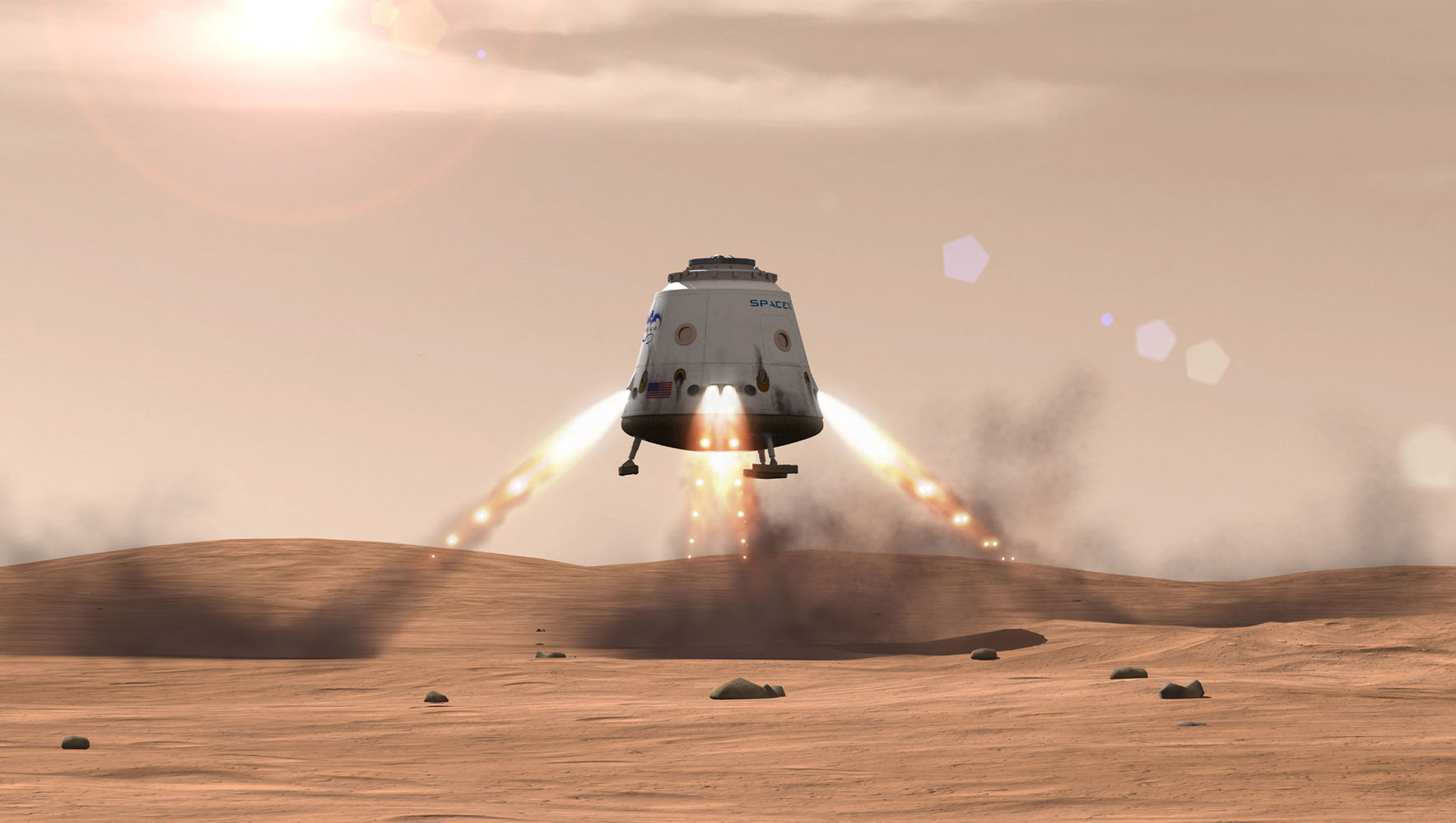 Na Mars nejprve zamĂ­Ĺ™Ă­ bezpilotnĂ­ loÄŹ Red Dragon. Kredit: SpaceX.