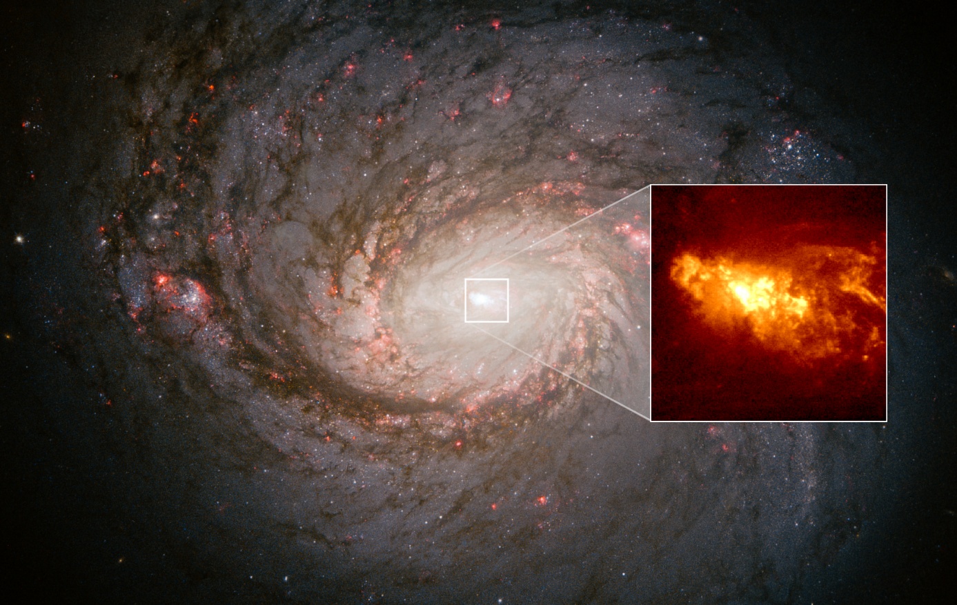 Aktivní galaxie NGC 1068 s aktivní galaktickou černou dírou uvnitř by mohla být zdrojem vysokoenergetických neutrin (zdroj NASA)