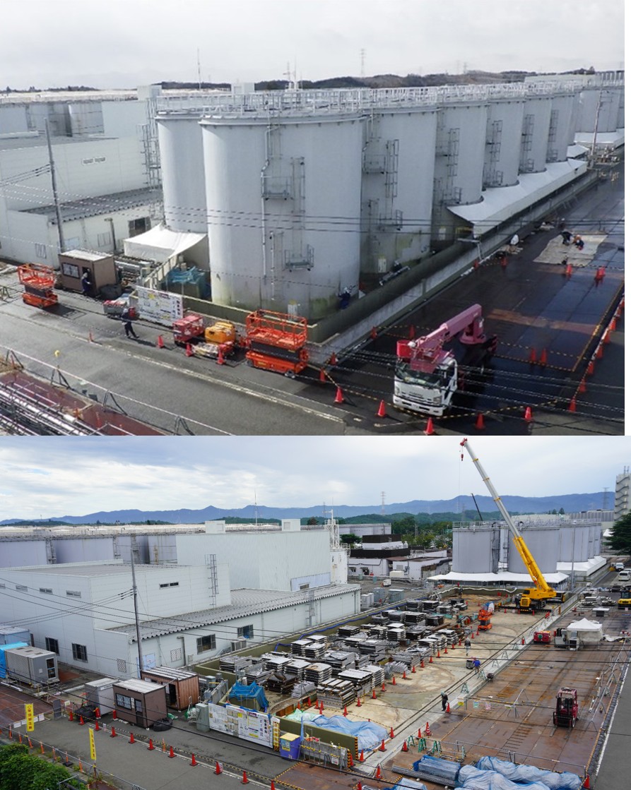 Areál J9 před a po rozebrání nádrží (zdroj TEPCO)