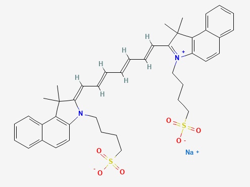 Struktura molekuly indocyaninové zeleně. Toto fluorescenční barvivo pohlcuje i vyzařuje v oblasti blízkého infračerveného záření (excitace ? = 600 až 900 nm, emise ? = 750 až 950 nm). Kredit: National Center for Biotechnology Information  PubChem