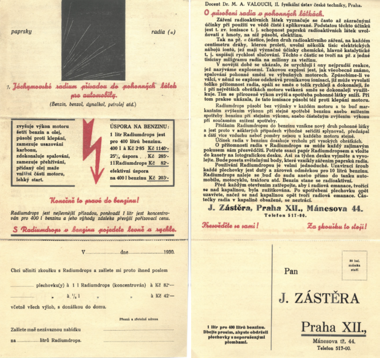 Reklamní materiál pana J. Zástěry popisující aditiva s radiem do automobilového paliva (zdroj Muzeum jádra Řež)